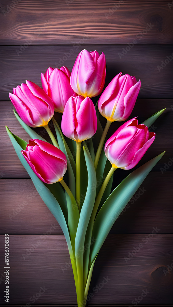 AI generated image of beautiful pink color tulip flowers on wooden background AI generated image of beautiful pink color tulip flowers on wooden background