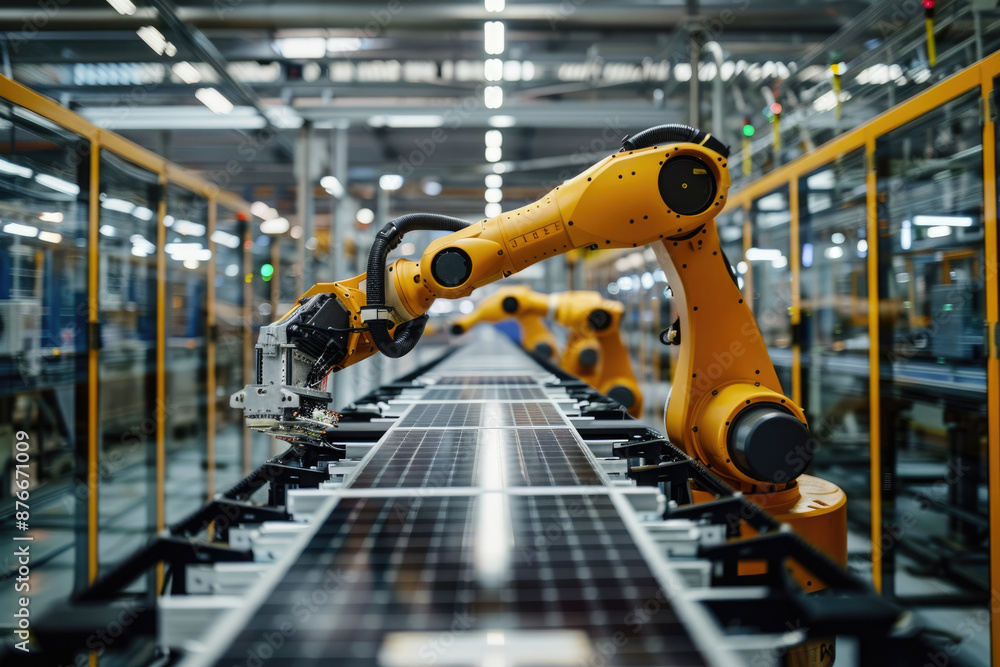 Modern factory, robotic arm production assembly line Modern factory, robotic arm production assembly line