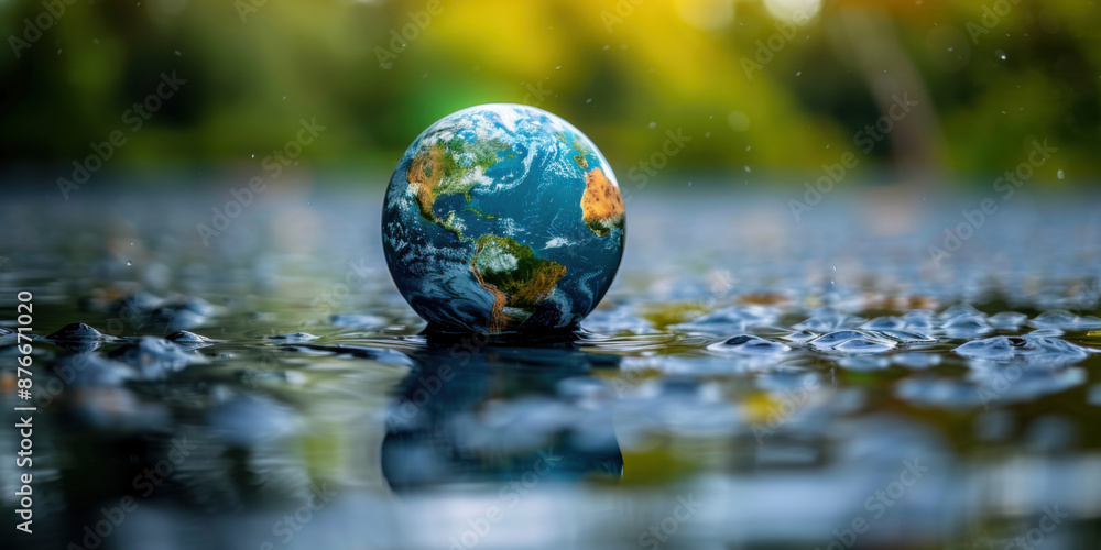 Realistic Earth globe floating on water with raindrops, reflecting environmental conservation and global awareness. Realistic Earth globe floating on water with raindrops, reflecting environmental conservation and global awareness.