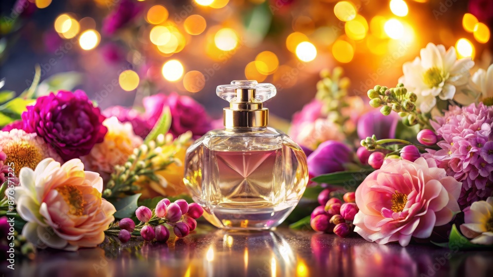 A Beautiful Fragrance Bottle Surrounded By A Variety Of Colorful Flowers. A Beautiful Fragrance Bottle Surrounded By A Variety Of Colorful Flowers.