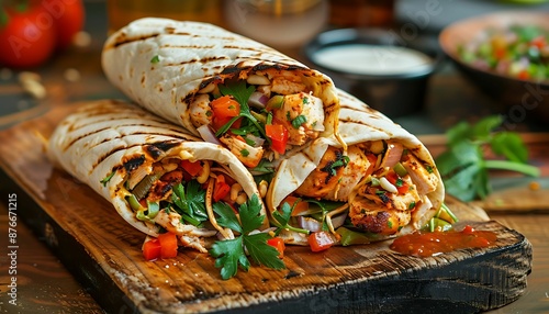 Delicious shawarma served on wooden board on table in cafe. Grilled pita wrapping chicken meat and fresh vegetables with sauce. healthy food. Generetive Ai