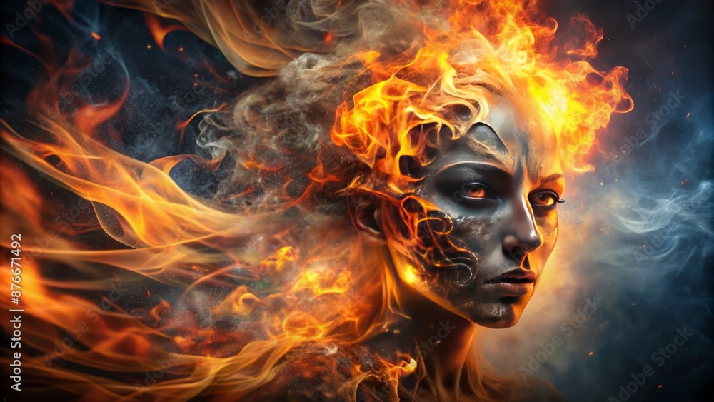 Fire Goddess Emerges From The Flames With A Determined Look In Her Eyes. Fire Goddess Emerges From The Flames With A Determined Look In Her Eyes.
