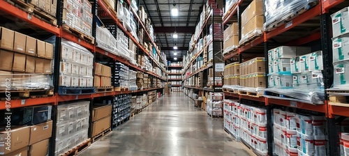 Warehouse shelf aisle. Industry market product retail grocery. Generative AI technology.