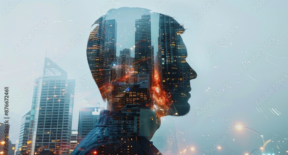 Double exposure of a man’s head and cityscape with buildings in the background, and sunlight, captured in a realistic style with Canon EOS, symbolizing the fusion of human thought and urban environmen Double exposure of a man’s head and cityscape with buildings in the background, and sunlight, captured in a realistic style with Canon EOS, symbolizing the fusion of human thought and urban environmen