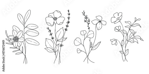 Hand drawn flower bouquet line element vector. Collection of foliage, leaves branch, wildflower, poppy, sunflower, eucalyptus. Spring blossom illustration design for logo, wedding, tattoo, decor.