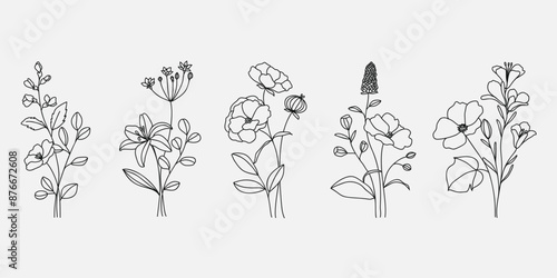 Hand drawn flower bouquet line element vector. Collection of foliage, leaves branch, wildflower, poppy, lily flower, eucalyptus. Spring blossom illustration design for logo, wedding, tattoo, decor.