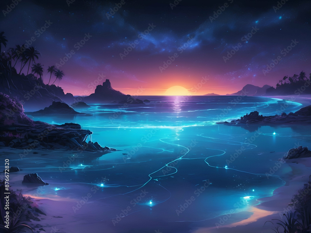 Fototapeta premium abstract glowing scenic bioluminescent beach at night