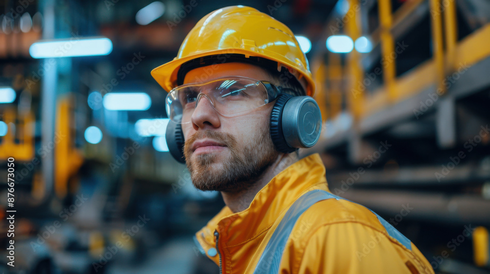 Close-up of a male industrial worker in safety gear, including a hard hat, goggles, and ear protection, in a factory setting. Close-up of a male industrial worker in safety gear, including a hard hat, goggles, and ear protection, in a factory setting.