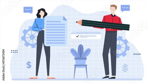 a man and a woman with agreement document business animated illustration video