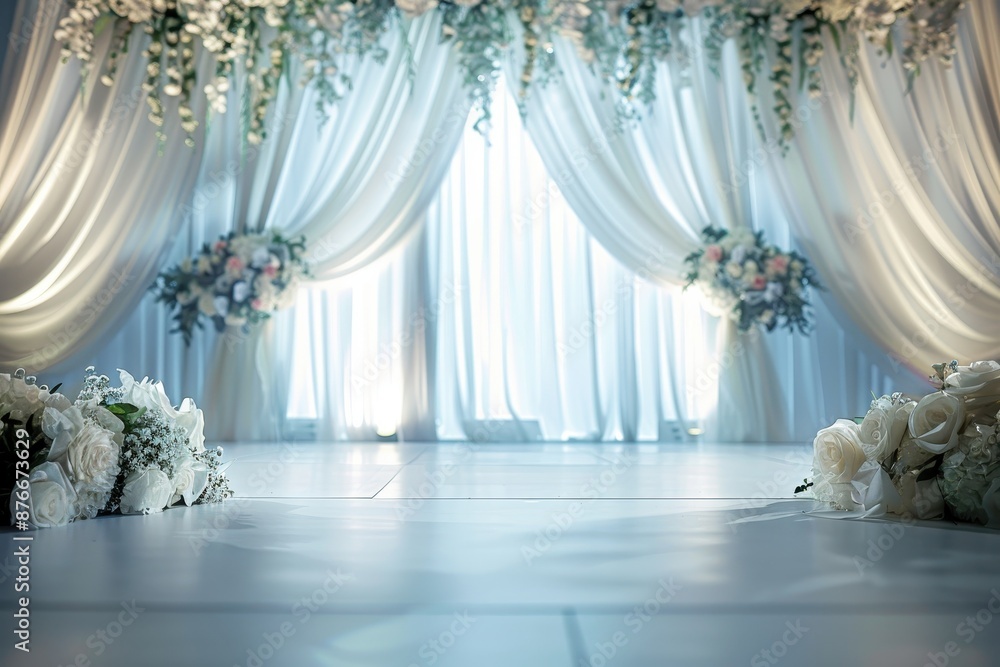 Wedding Ceremony Setup with White Drapes and Flowers Wedding Ceremony Setup with White Drapes and Flowers