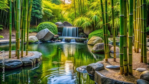 A Tranquil Bamboo Garden With A Serene Waterfall And Aç¢§ç¶ çš„æ± å¡˜,è¥é€ å‡ºä¸€ä¸ªå®é™ç¥¥å’Œçš„æ°›å›´ã€‚ photo
