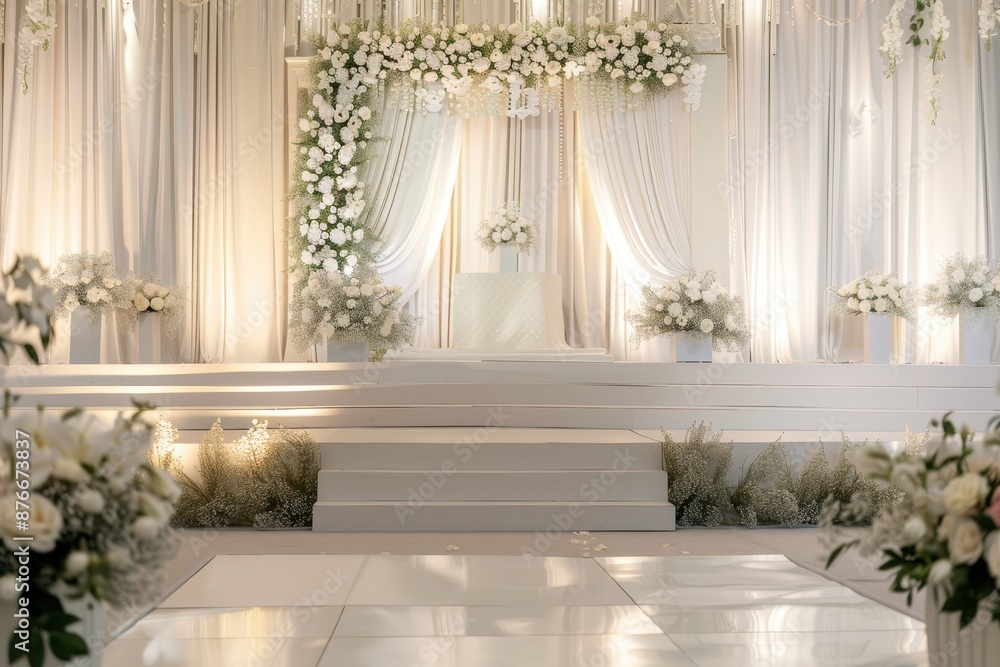 White Wedding Ceremony Setup with Floral Arch and Stage White Wedding Ceremony Setup with Floral Arch and Stage