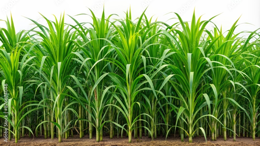 Sugarcane Field With Green Leaves Growing In A Neat Row, Ready For Harvest. Sugarcane Field With Green Leaves Growing In A Neat Row, Ready For Harvest.