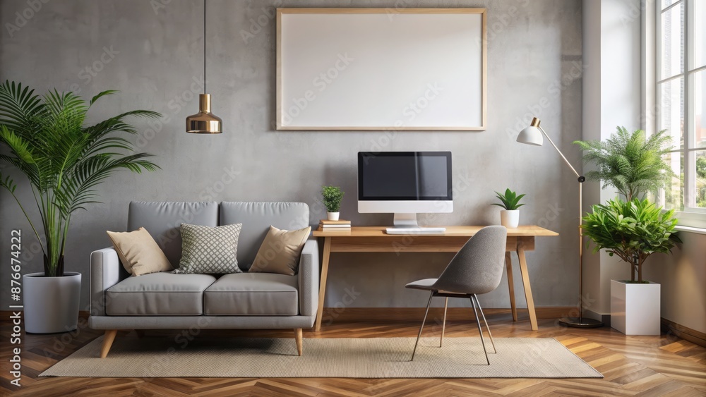 Modern Home Office Interior With Plants, Computer And Blank Picture Frame On Concrete Wall. Modern Home Office Interior With Plants, Computer And Blank Picture Frame On Concrete Wall.