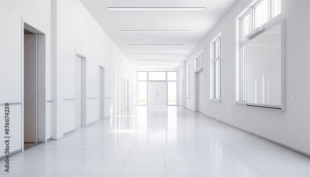 Long, empty white hallway with large windows and doors leading to classrooms Long, empty white hallway with large windows and doors leading to classrooms