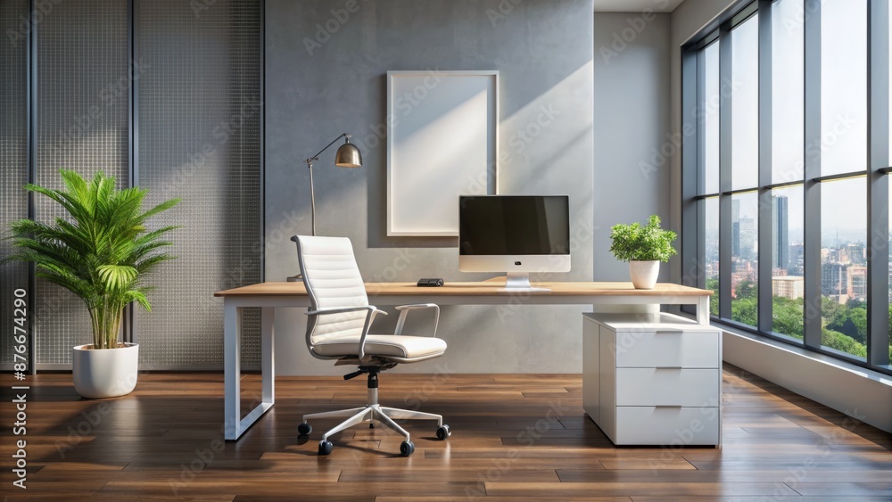 Fototapeta premium Modern Office Interior Design With Large Windows, Plants, And A Comfortable Desk And Chair.