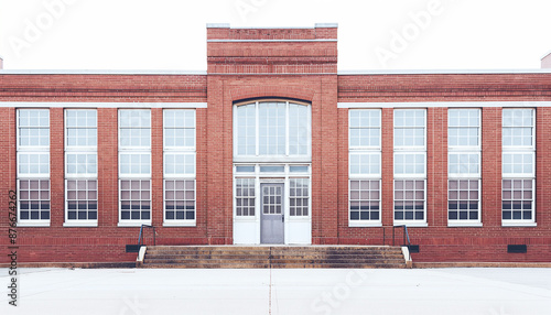 Front view of a classic red brick school building with large windows photo