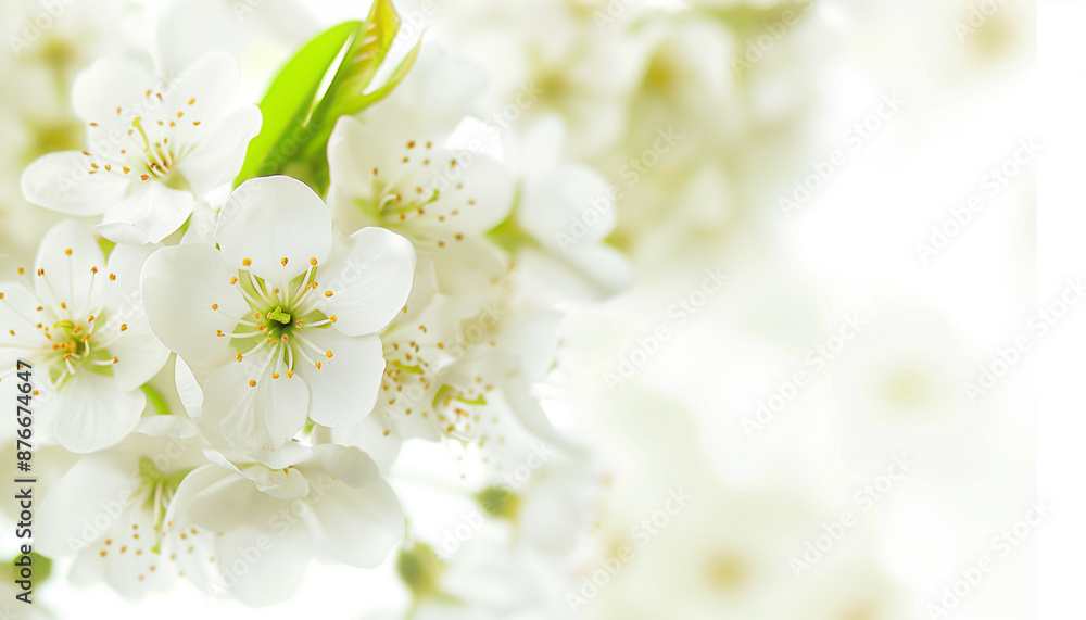Close-up of white flowers on a light background with green leaves Close-up of white flowers on a light background with green leaves