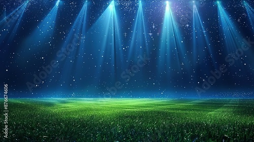 Glowing rays of light illuminate a vast green field at night photo