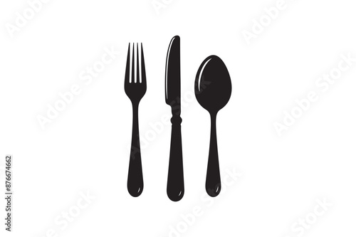 Fork, knife, spoon and plate silhouettes vector illustration.