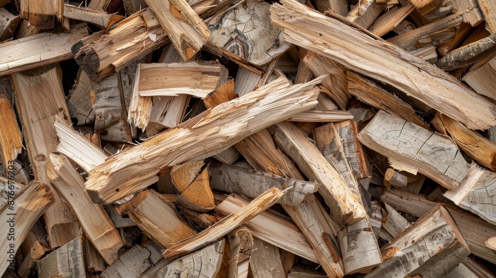 In the background, a large pile of chopped birch wood is neatly stacked. It reveals smooth, pale bark and contrasting dark cracks. Emphasize the texture and warmth of the wood. In the background, a large pile of chopped birch wood is neatly stacked. It reveals smooth, pale bark and contrasting dark cracks. Emphasize the texture and warmth of the wood.