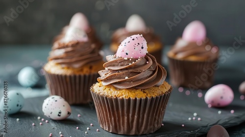 Speckled egg Easter cupcakes with chocolate frosting, Easter dessert, whimsical and fun dessert photo