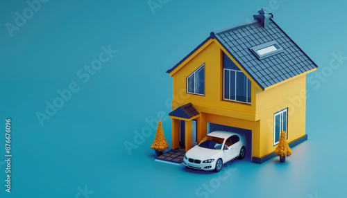 Wallpaper Mural 3D illustration of a miniature house, a car parked outside, a blue background Torontodigital.ca