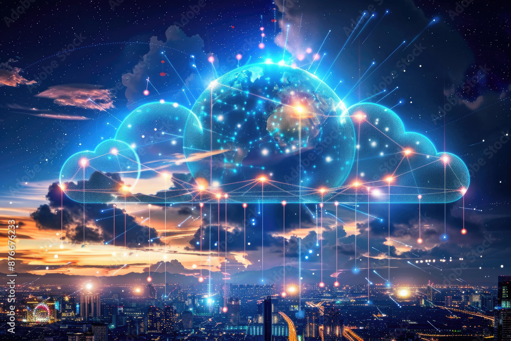 Cloud storage and cloud computing, urban night scenes Cloud storage and cloud computing, urban night scenes