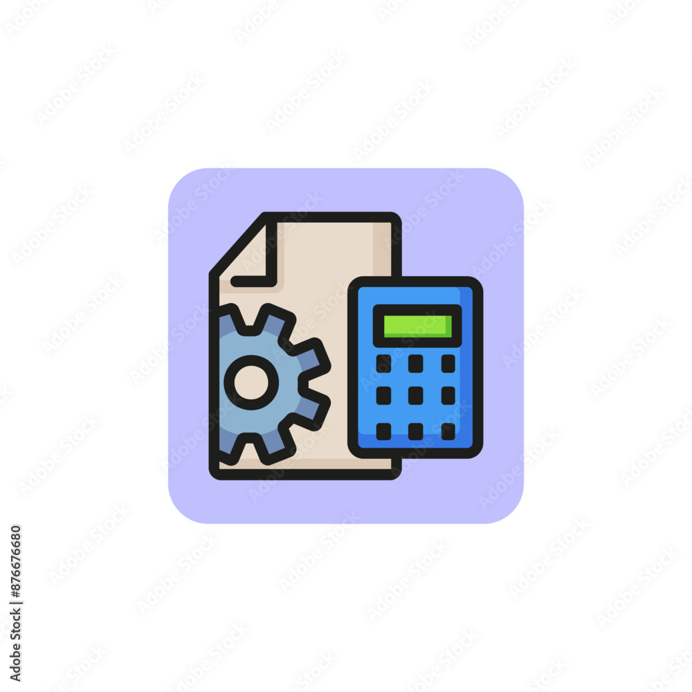 Paper with cogwheel sign and calculator line icon. Business planning, startup, strategic planning. Engineering concept. Vector illustration can be used for topics like business, finance, banking Paper with cogwheel sign and calculator line icon. Business planning, startup, strategic planning. Engineering concept. Vector illustration can be used for topics like business, finance, banking
