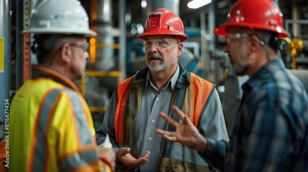 Three male engineers in safety gear having a discussion in an industrial environment, highlighting technical collaboration and problem-solving. Three male engineers in safety gear having a discussion in an industrial environment, highlighting technical collaboration and problem-solving.