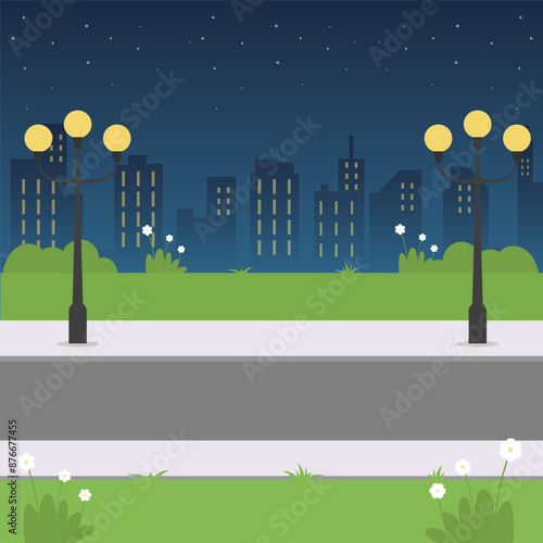 Night cityscape scene with cross street road and building background vector template