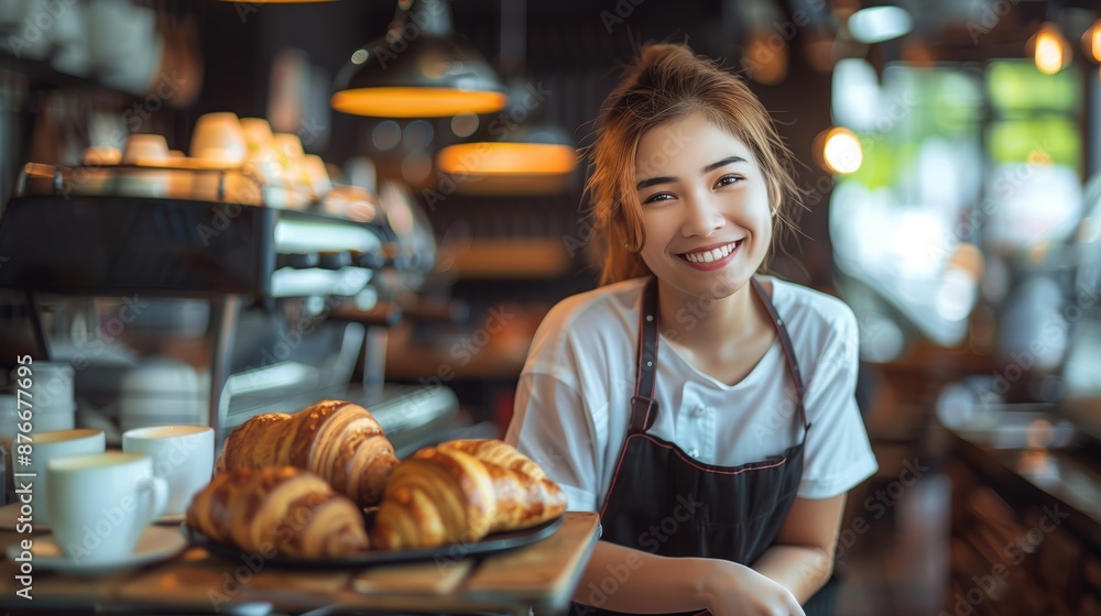 Happy Asian Baker with Fresh Croissants. Young Asian woman, dressed as a baker, joyfully presenting fresh croissants at the counter of a modern bakery. Happy Asian Baker with Fresh Croissants. Young Asian woman, dressed as a baker, joyfully presenting fresh croissants at the counter of a modern bakery.