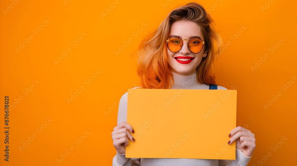 Cheerful Young Woman Wearing Sunglasses Smiling and Holding Yellow Sign on Orange Background Cheerful Young Woman Wearing Sunglasses Smiling and Holding Yellow Sign on Orange Background