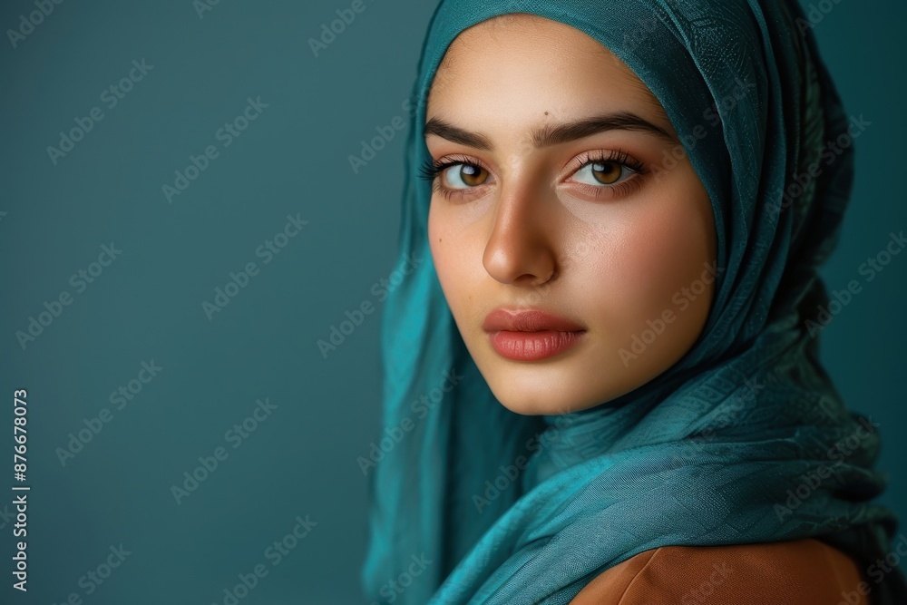 Naklejka premium Close-Up Portrait of a Woman in a Teal Hijab