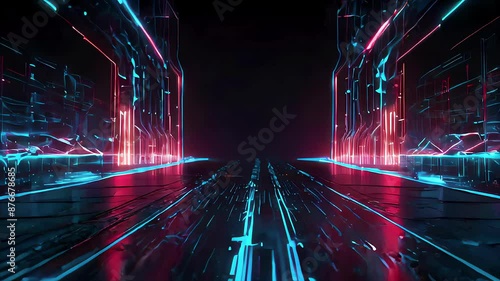 Futuristic neon cyberpunk technology corridor with glowing blue and pink lights. photo