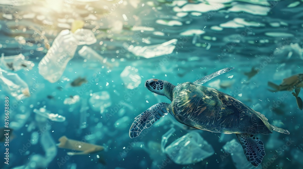Obraz premium Sea Turtle Swimming Through Plastic Pollution