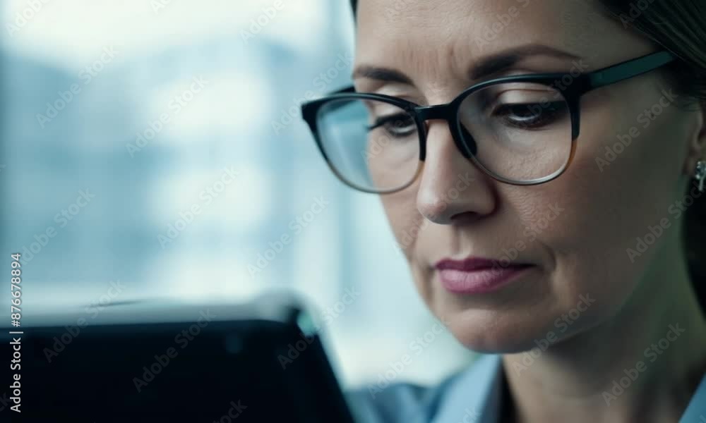 A serious woman in glasses looking at a tablet screen in close-up, deeply focused on her work, with blurred office interiors in the background A serious woman in glasses looking at a tablet screen in close-up, deeply focused on her work, with blurred office interiors in the background