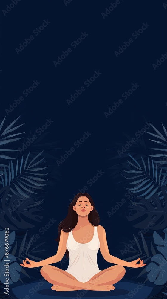 A peaceful of a woman meditating in a serene environment with dark tropical foliage background. Perfect for relaxation themes. A peaceful of a woman meditating in a serene environment with dark tropical foliage background. Perfect for relaxation themes.