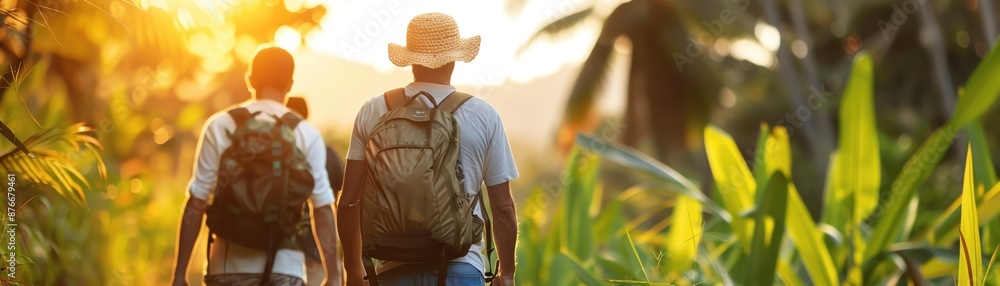 Two hikers with backpacks walking through a lush green forest path during sunset, surrounded by nature's beauty. Two hikers with backpacks walking through a lush green forest path during sunset, surrounded by nature's beauty.
