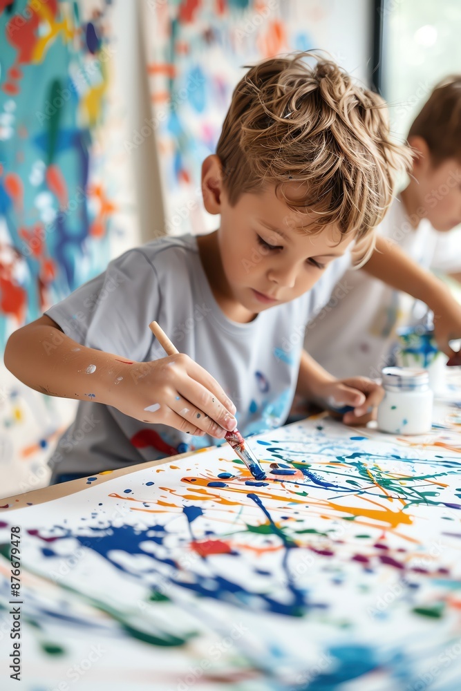 Young boy focusing on painting with vibrant colors, creating abstract art in a lively studio setting with other kids. Young boy focusing on painting with vibrant colors, creating abstract art in a lively studio setting with other kids.