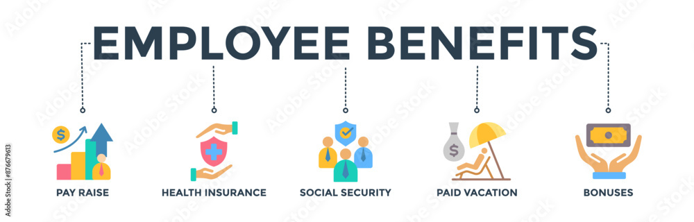 Employee benefits banner concept with icon of pay raise, health insurance, social security, paid vacation, and bonuses
Employee benefits banner concept with icon of pay raise, health insurance, social security, paid vacation, and bonuses