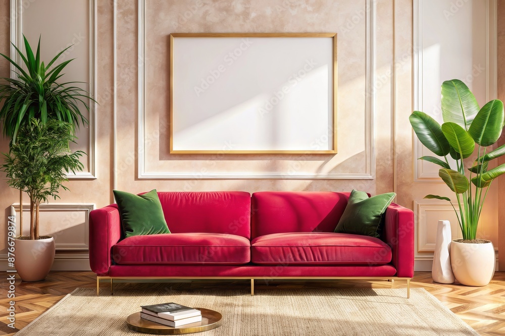 A red couch sits in front of a white framed picture A red couch sits in front of a white framed picture