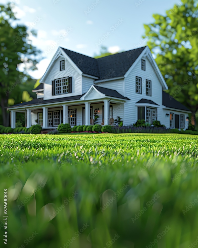 Beautiful modern farmhouse with a large green lawn and a cozy porch, surrounded by lush trees and a bright blue sky. Beautiful modern farmhouse with a large green lawn and a cozy porch, surrounded by lush trees and a bright blue sky.