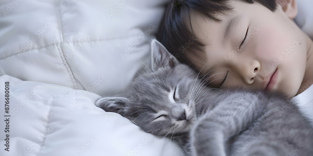 Asian boy with grey kitten sleeping on white pillow and blanket. Concept Cute Asian Boy, Grey Kitten, Sleeping Pet, White Pillow, Cozy Blanket Asian boy with grey kitten sleeping on white pillow and blanket. Concept Cute Asian Boy, Grey Kitten, Sleeping Pet, White Pillow, Cozy Blanket