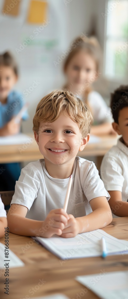 Cheerful children engaging in classroom learning, sitting at desks and smiling during a lesson. Cheerful children engaging in classroom learning, sitting at desks and smiling during a lesson.