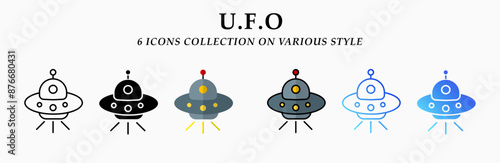 UFO icons collection. 6 Various styles. Lineal, solid Black, flat, lineal color and gradient. For sign, symbol, presentation, infographic or web graphics. Vector Illustration.