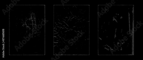 Stippled rough grunge collection. Aged pixelated texture paper overlay set. Dotted scratched crumpled background. Dirt grainy stipple dot backdrop for poster, vinyl cover, frame, banner. Vector pack