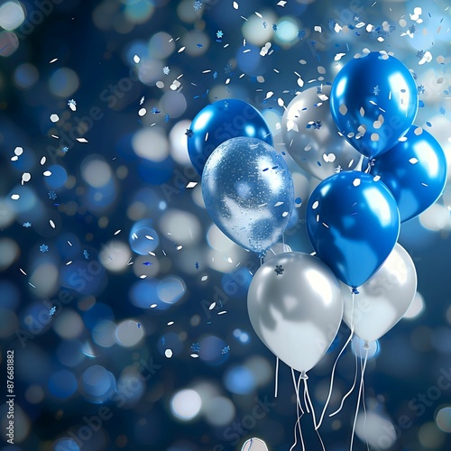 Group of white, silver and blue balloons with confetti in the background