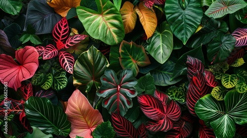 Vibrant and lush foliage of various tropical plants with heart-shaped leaves in shades of green, red, and pink. photo