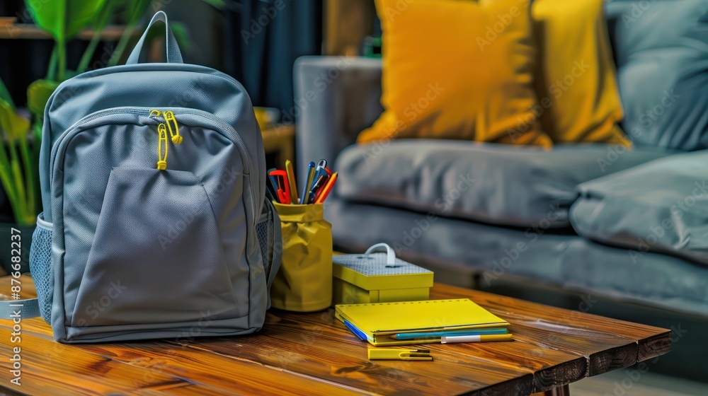 Home study theme with minimalist grey backpack and vibrant yellow items, Home study theme with minimalist grey backpack and vibrant yellow items,